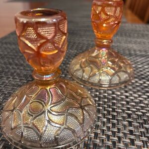 2 Imperial Carnival Glass Soda Gold Candlestick Holders - Marigold